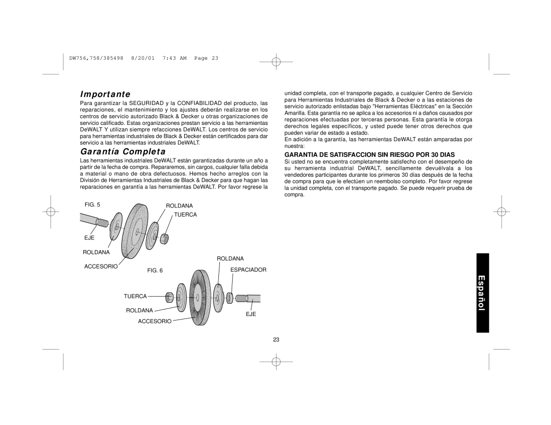 DeWalt DW756, DW758 instruction manual Importante, Garantía Completa, Garantia DE Satisfaccion SIN Riesgo POR 30 Dias 