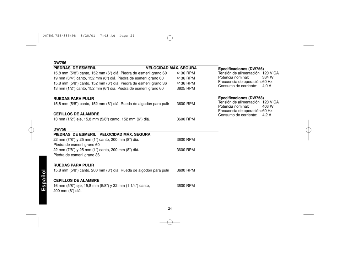 DeWalt DW758, DW756 instruction manual Piedras DE Esmeril Velocidad MÁX. Segura, Ruedas Para Pulir, Cepillos DE Alambre 