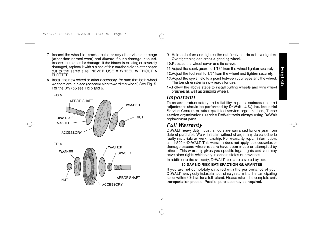 DeWalt DW756 Full Warranty, DAY no Risk Satisfaction Guarantee, Arbor Shaft Washer Spacer NUT Accessory, NUT Arbor Shaft 