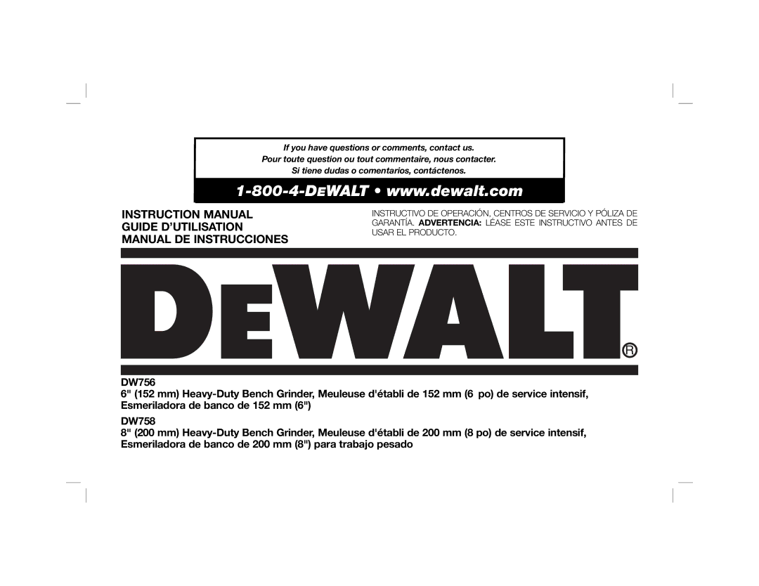 DeWalt DW758 instruction manual Guide D’UTILISATION Manual DE Instrucciones 