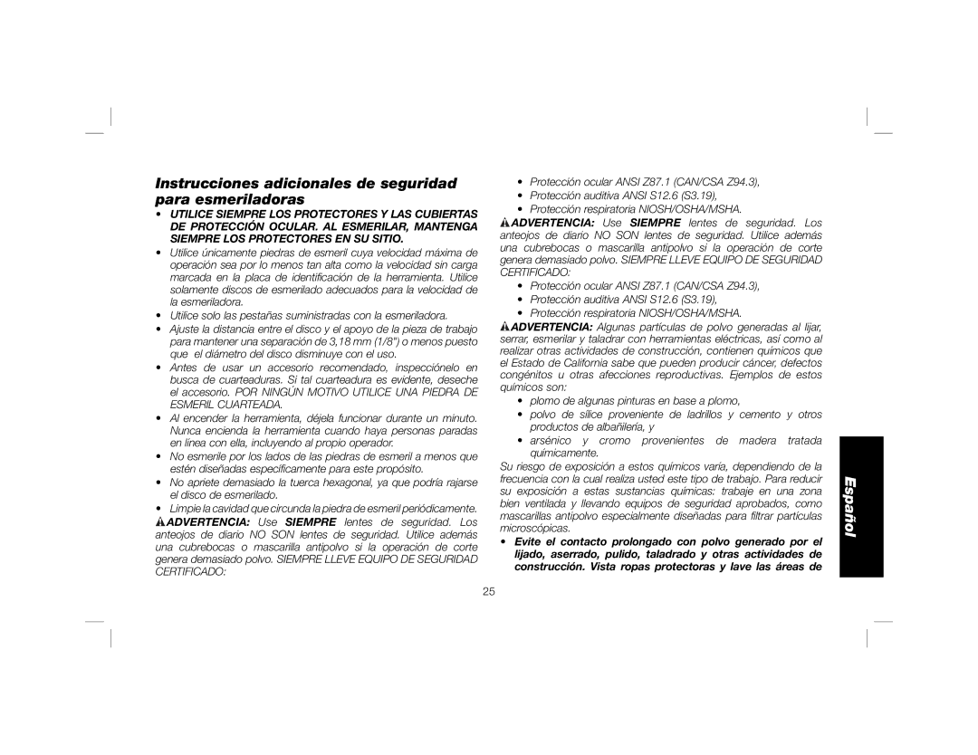 DeWalt DW758 instruction manual Instrucciones adicionales de seguridad para esmeriladoras 