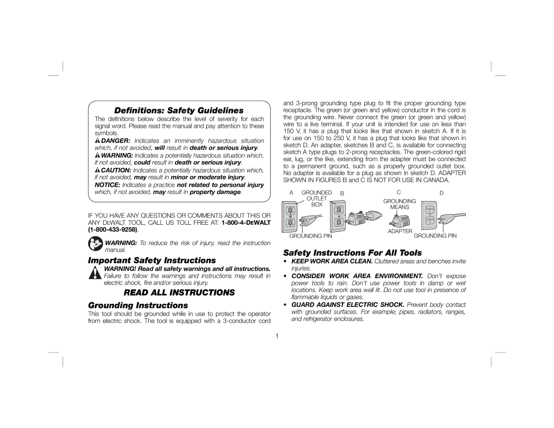 DeWalt DW758 Deﬁnitions Safety Guidelines, Important Safety Instructions, Read ALL Instructions, Grounding Instructions 