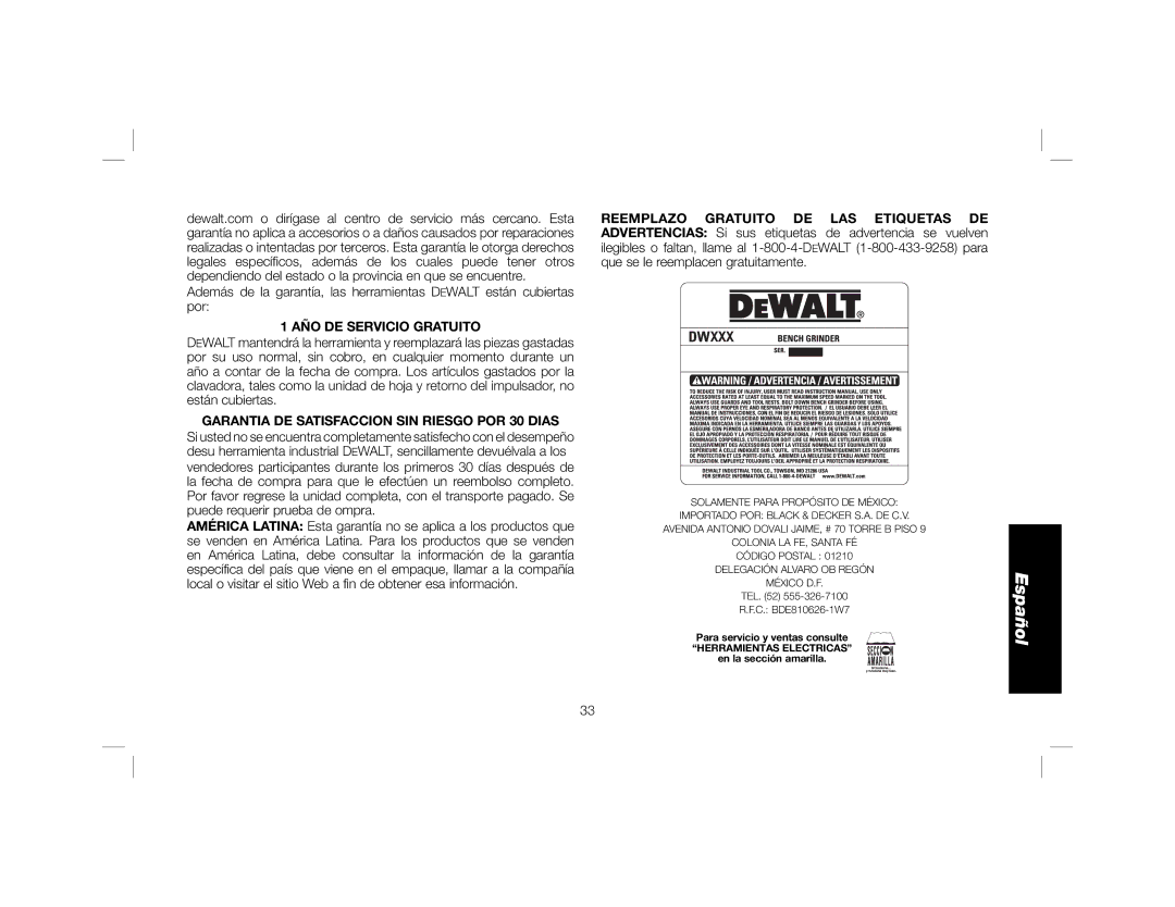 DeWalt DW758 instruction manual AÑO DE Servicio Gratuito, Garantia DE Satisfaccion SIN Riesgo POR 30 Dias 