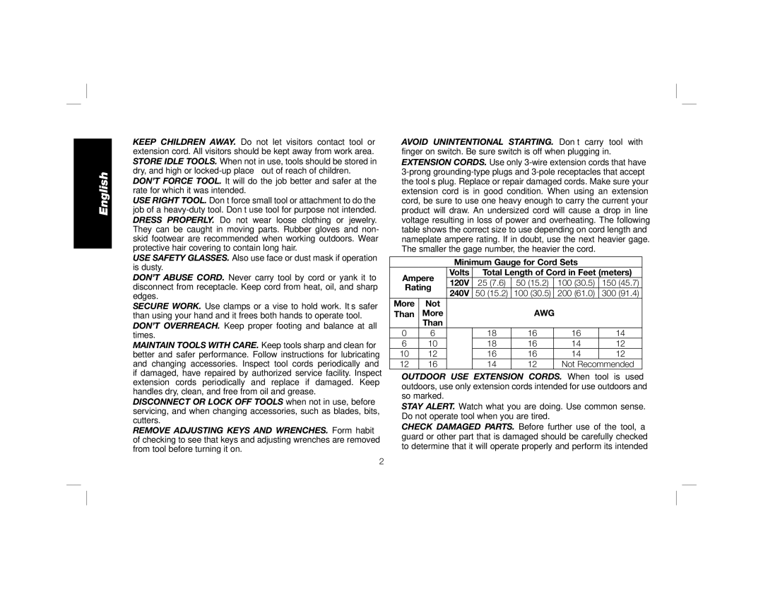 DeWalt DW758 instruction manual Awg, Not Recommended 