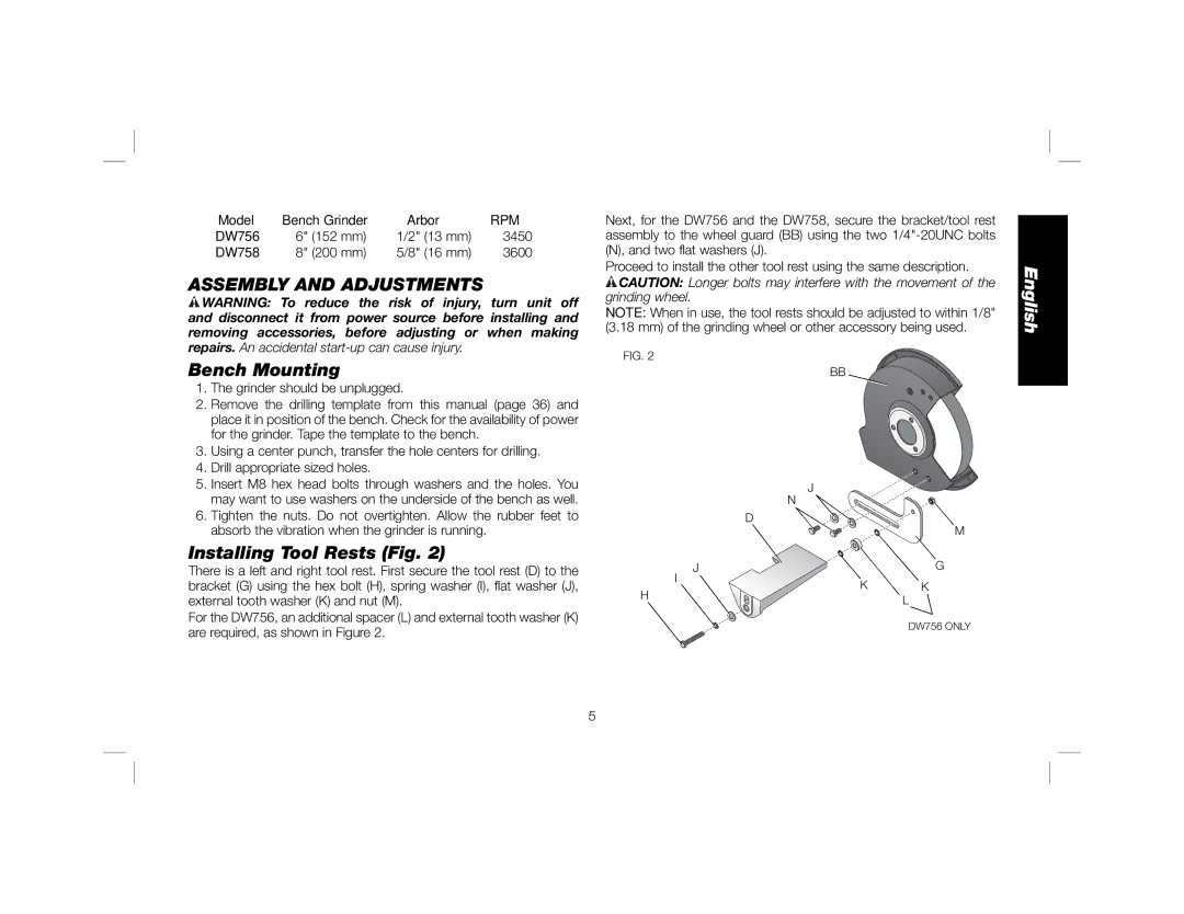 DeWalt DW758 instruction manual Assembly and Adjustments, Bench Mounting, Installing Tool Rests Fig, Rpm 