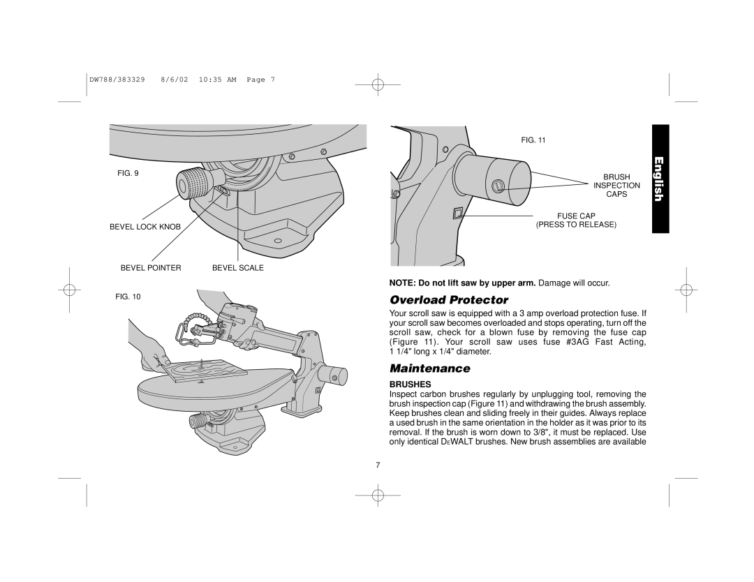 DeWalt DW788 manual Overload Protector, Maintenance, Brushes 