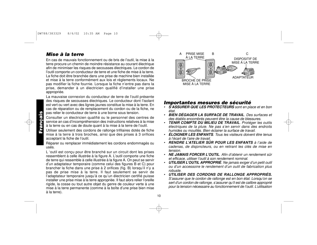 DeWalt DW788 manual Mise à la terre, Importantes mesures de sécurité 