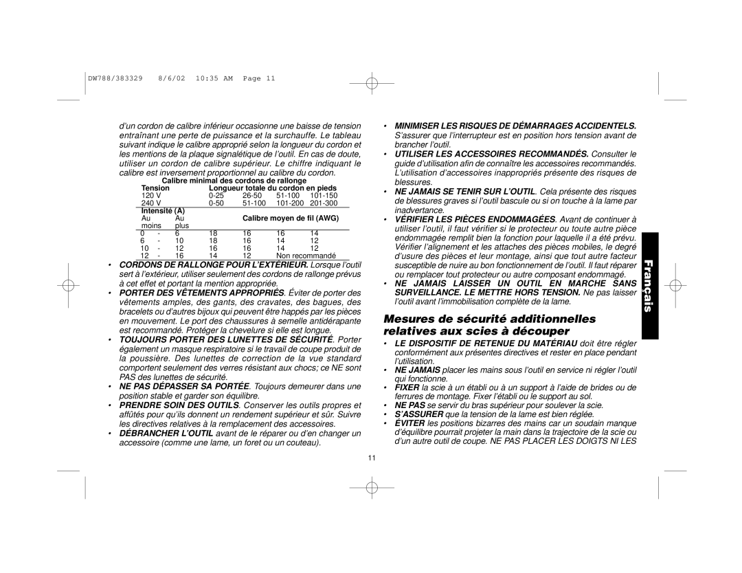 DeWalt DW788 manual Longueur totale du cordon en pieds 