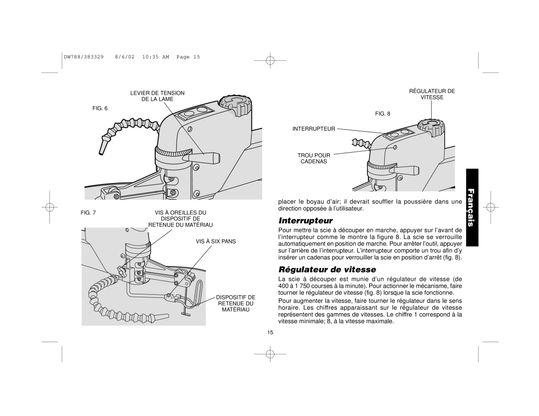 DeWalt DW788 manual Interrupteur, Régulateur de vitesse 