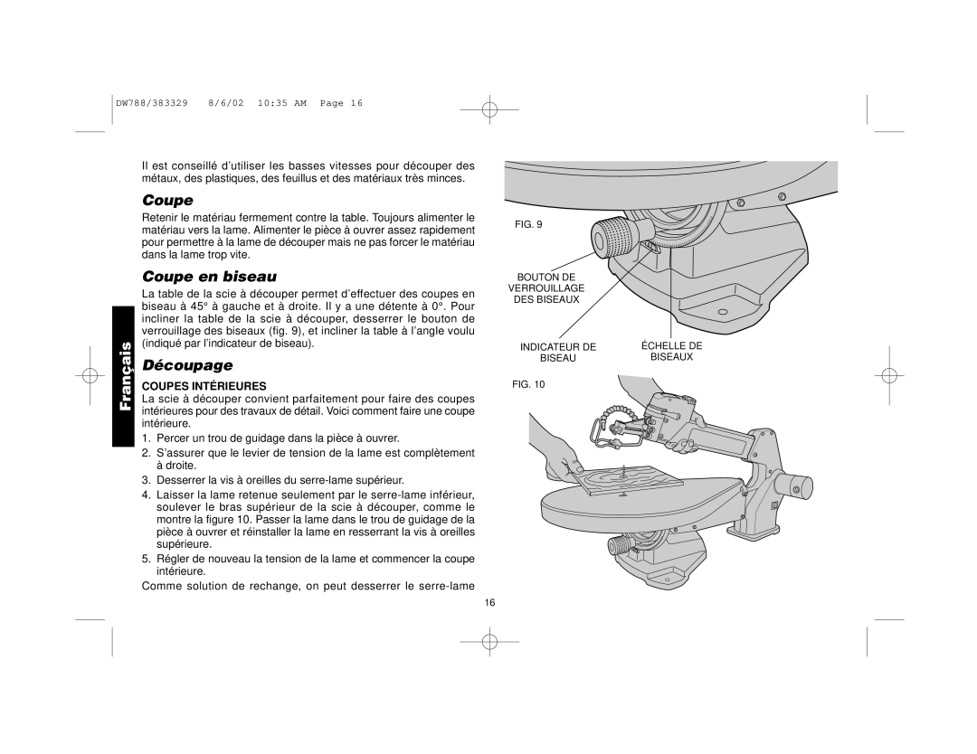 DeWalt DW788 manual Coupe en biseau, Découpage, Coupes Intérieures 