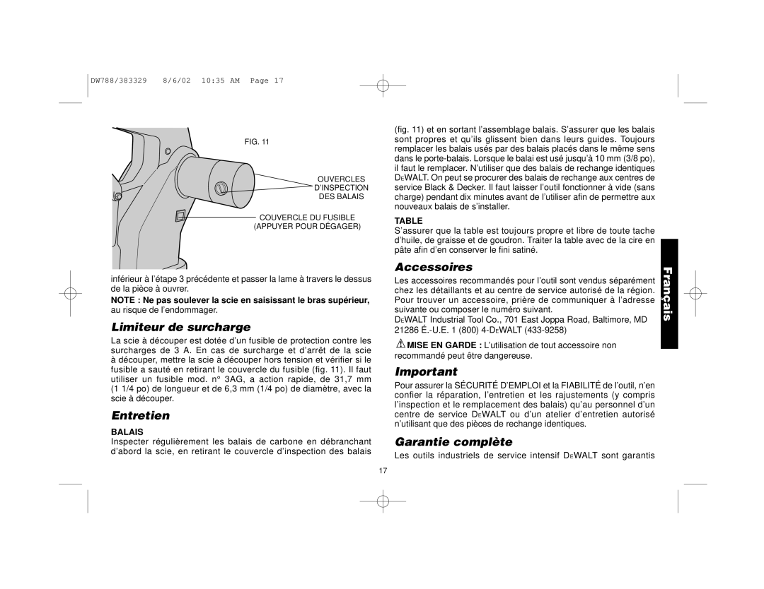 DeWalt DW788 manual Limiteur de surcharge, Entretien, Accessoires, Garantie complète, Balais 