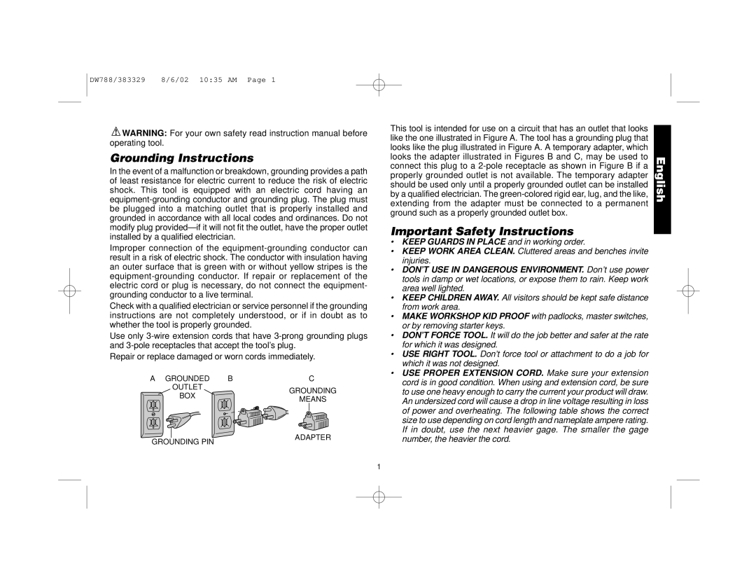 DeWalt DW788 manual Grounding Instructions, Important Safety Instructions 