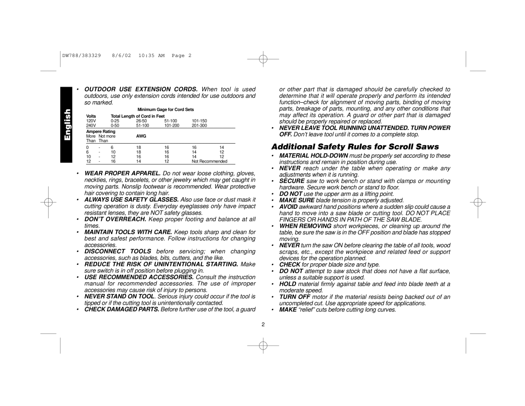 DeWalt DW788 manual Additional Safety Rules for Scroll Saws 