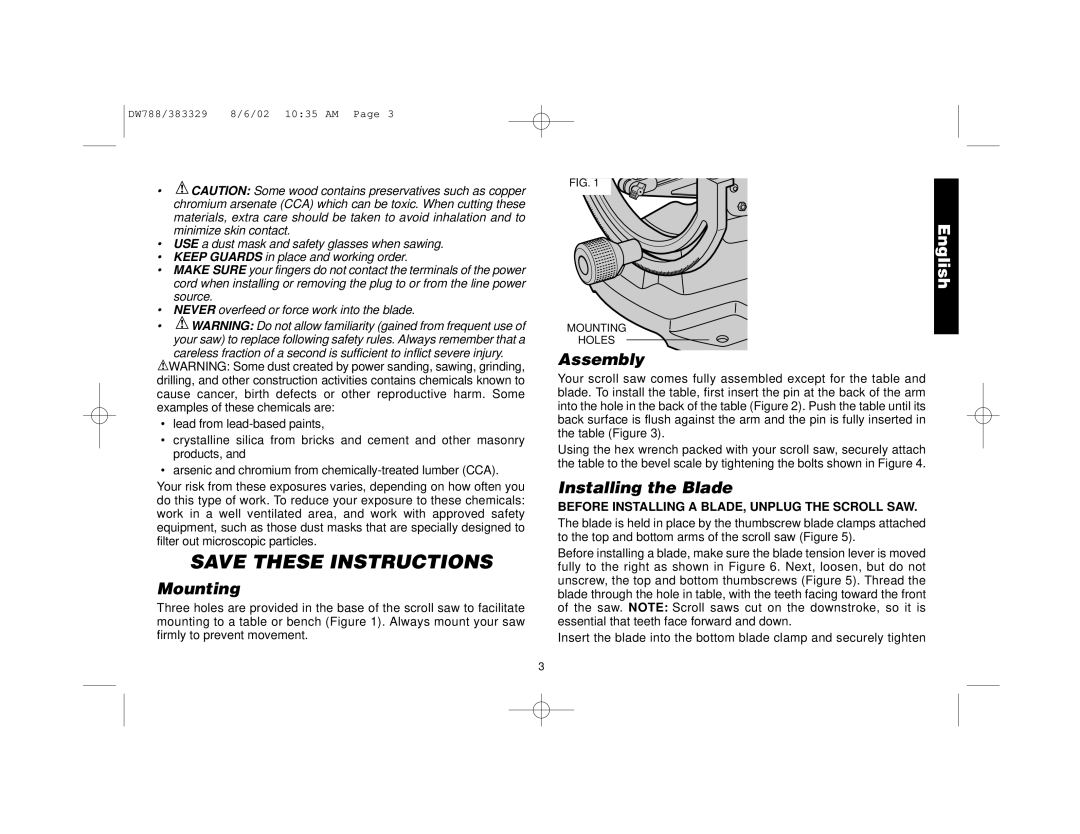 DeWalt DW788 manual Mounting, Assembly, Installing the Blade, Before Installing a BLADE, Unplug the Scroll SAW 