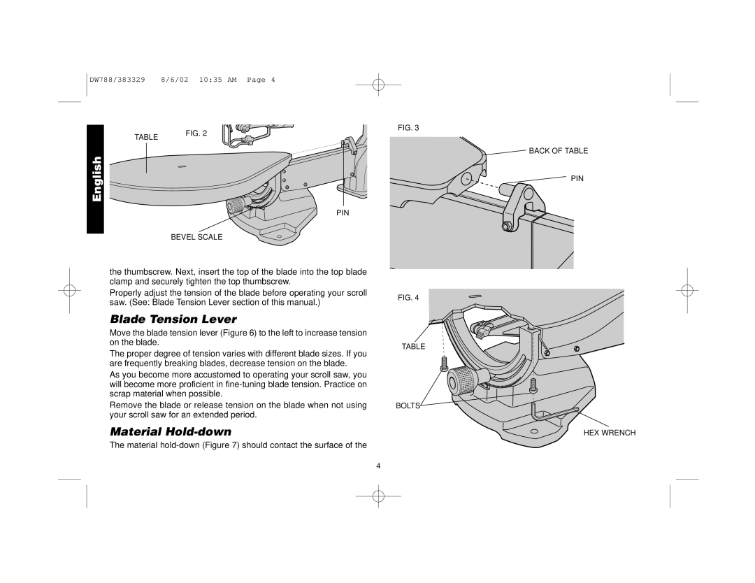 DeWalt DW788 manual Blade Tension Lever, Material Hold-down 