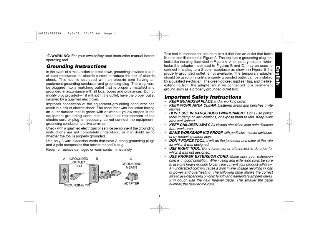 DeWalt DW788 instruction manual Grounding Instructions, Important Safety Instructions 