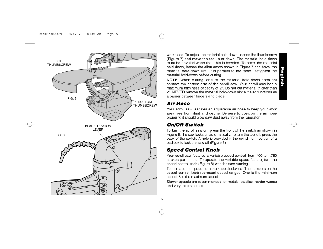 DeWalt DW788 instruction manual Air Hose, On/Off Switch, Speed Control Knob 