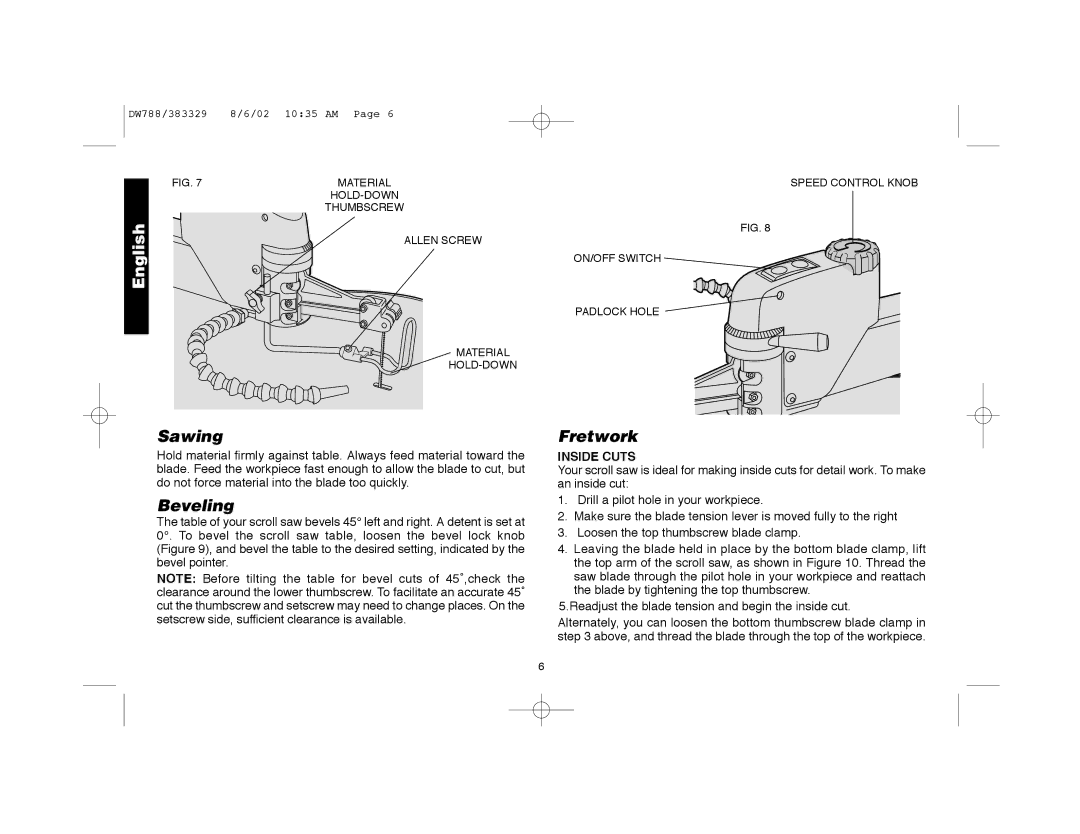 DeWalt DW788 instruction manual Sawing, Beveling, Fretwork, Inside Cuts 