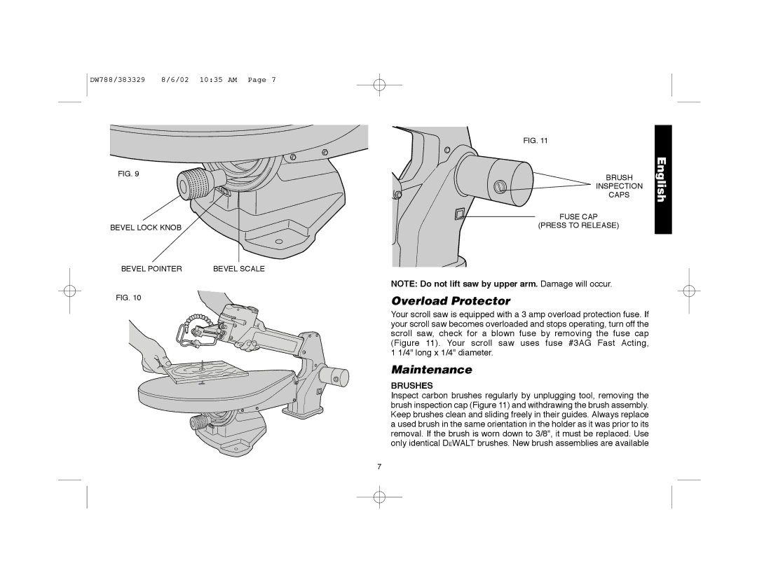 DeWalt DW788 instruction manual Overload Protector, Maintenance, Brushes 