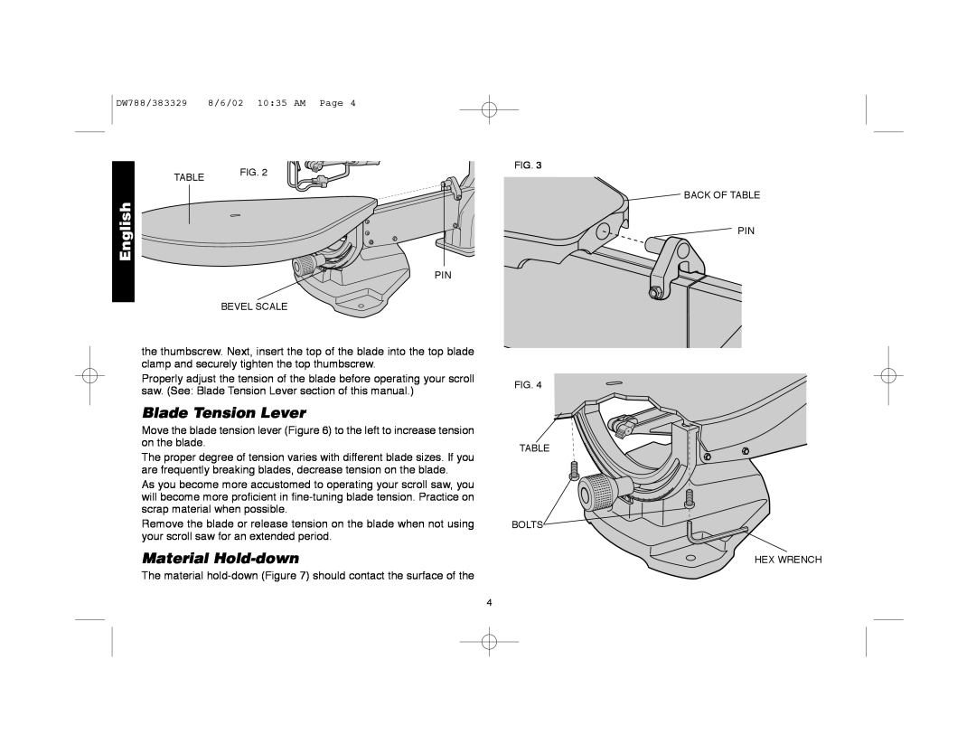 DeWalt DW788 instruction manual Blade Tension Lever, Material Hold-down, English 