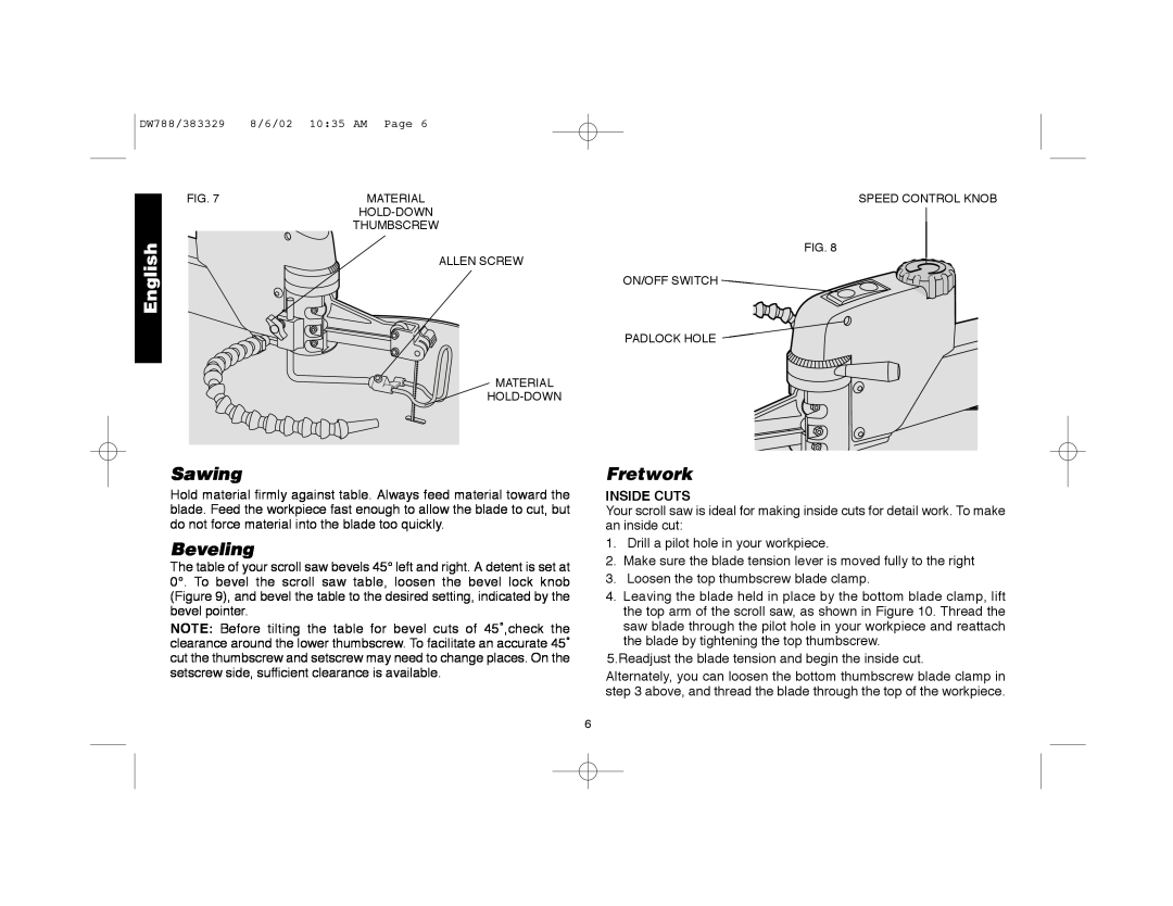 DeWalt DW788 instruction manual Sawing, Beveling, Fretwork, Inside Cuts, English 