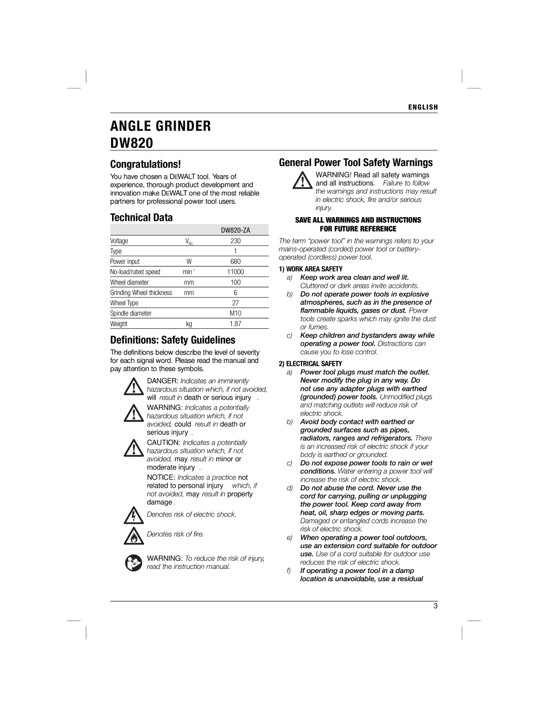 DeWalt DW820 manual Congratulations, Technical Data, Deﬁnitions Safety Guidelines 