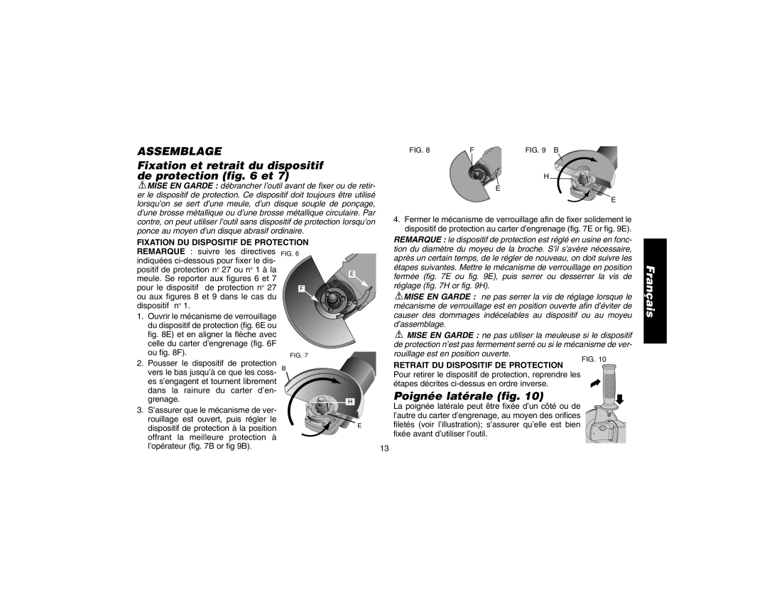 DeWalt DW827, DW818, DW824, DW821 manual Assemblage, Fixation et retrait du dispositif de protection et, Poignée latérale fig 