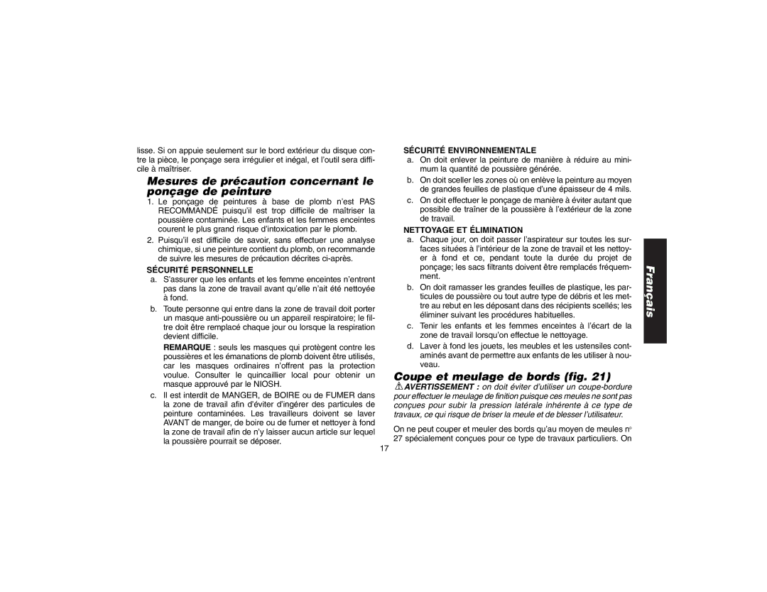 DeWalt DW827, DW818, DW824, DW821 Mesures de précaution concernant le ponçage de peinture, Coupe et meulage de bords fig 