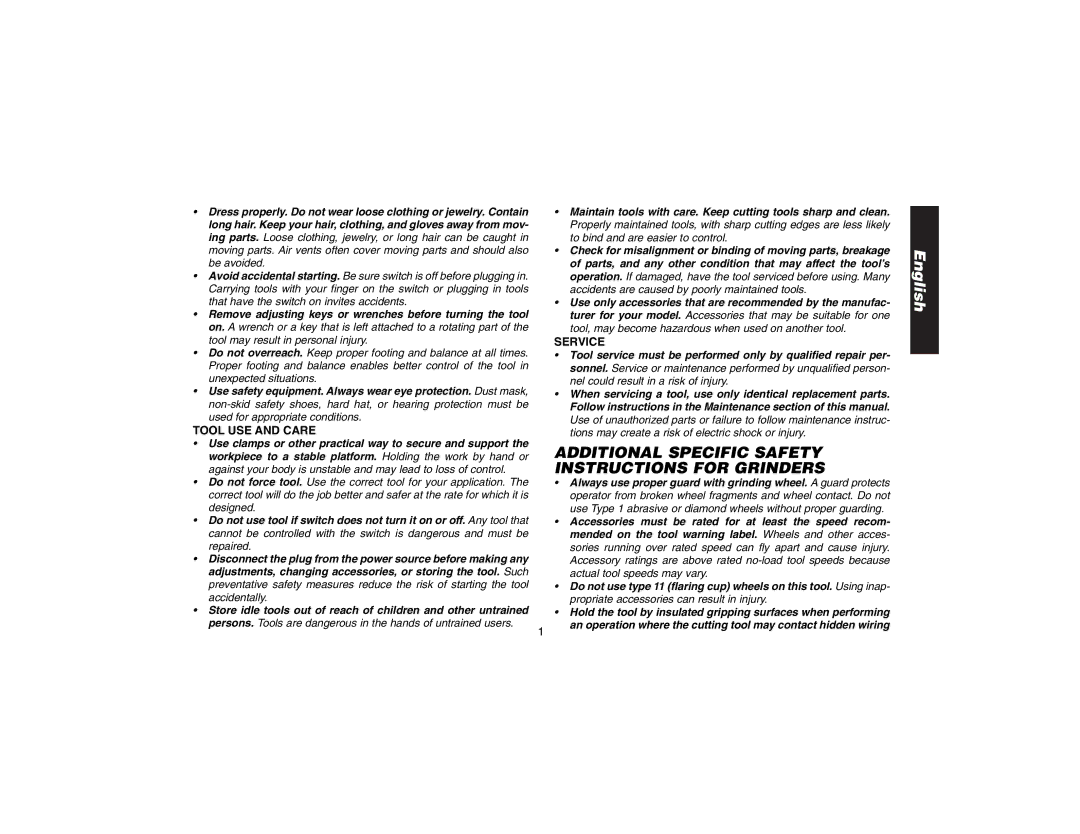 DeWalt DW827, DW818, DW824, DW821 manual Additional Specific Safety Instructions for Grinders, Tool USE and Care, Service 