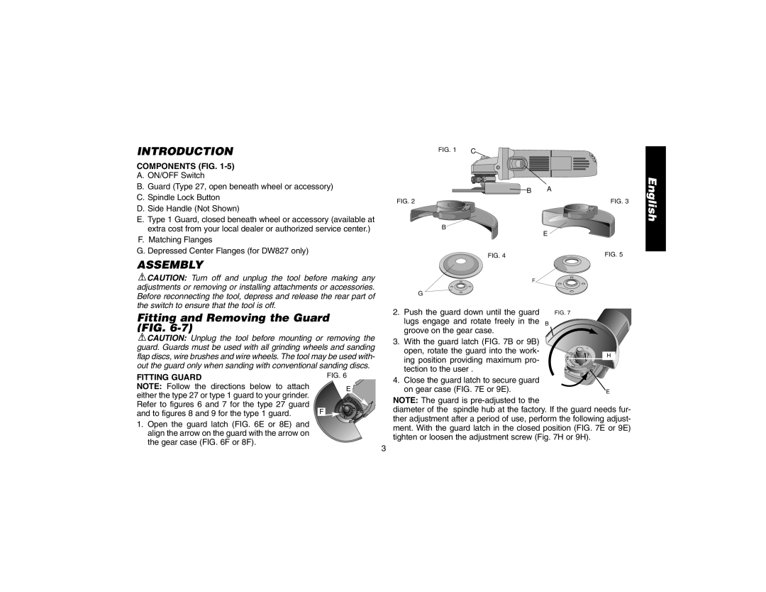 DeWalt DW824, DW827, DW818, DW821 Introduction, Assembly, Fitting and Removing the Guard FIG, Components FIG, Fitting Guard 
