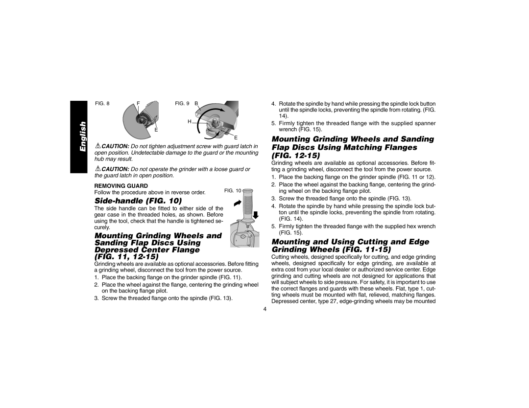 DeWalt DW821, DW827, DW818, DW824 Side-handle FIG, Mounting and Using Cutting and Edge Grinding Wheels FIG, Removing Guard 