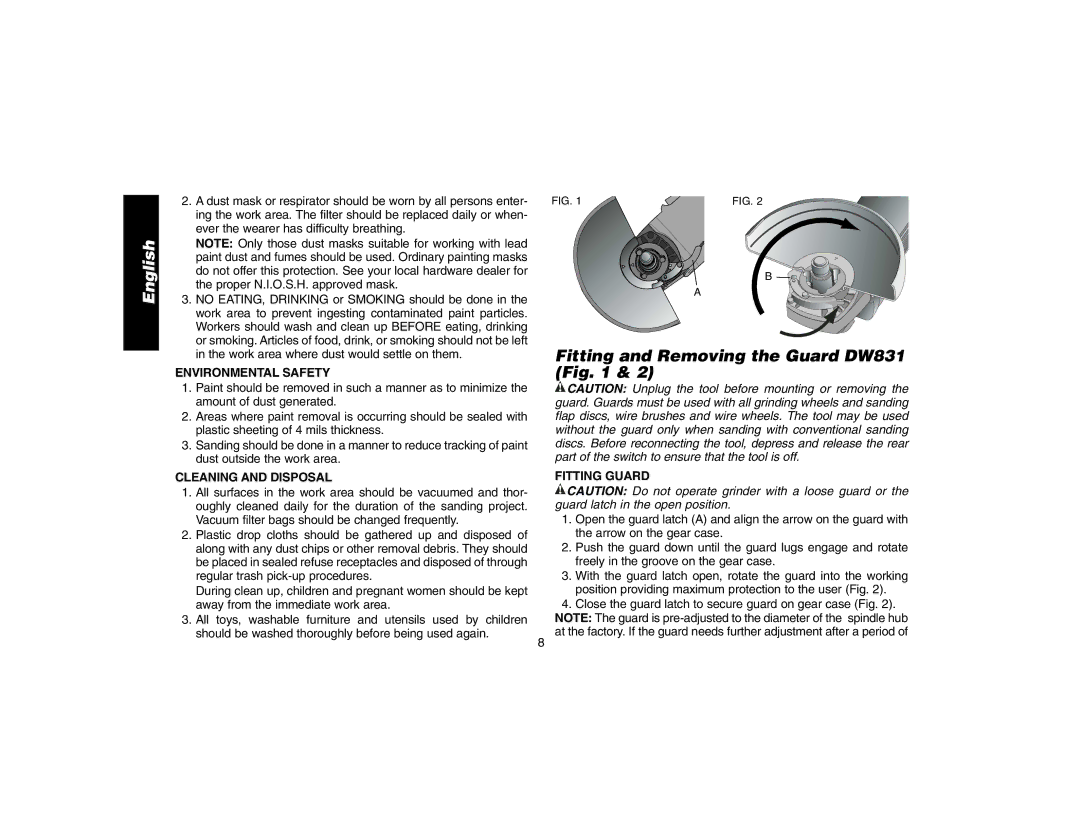 DeWalt DW840K Fitting and Removing the Guard DW831, Environmental Safety, Cleaning and Disposal, Fitting Guard 