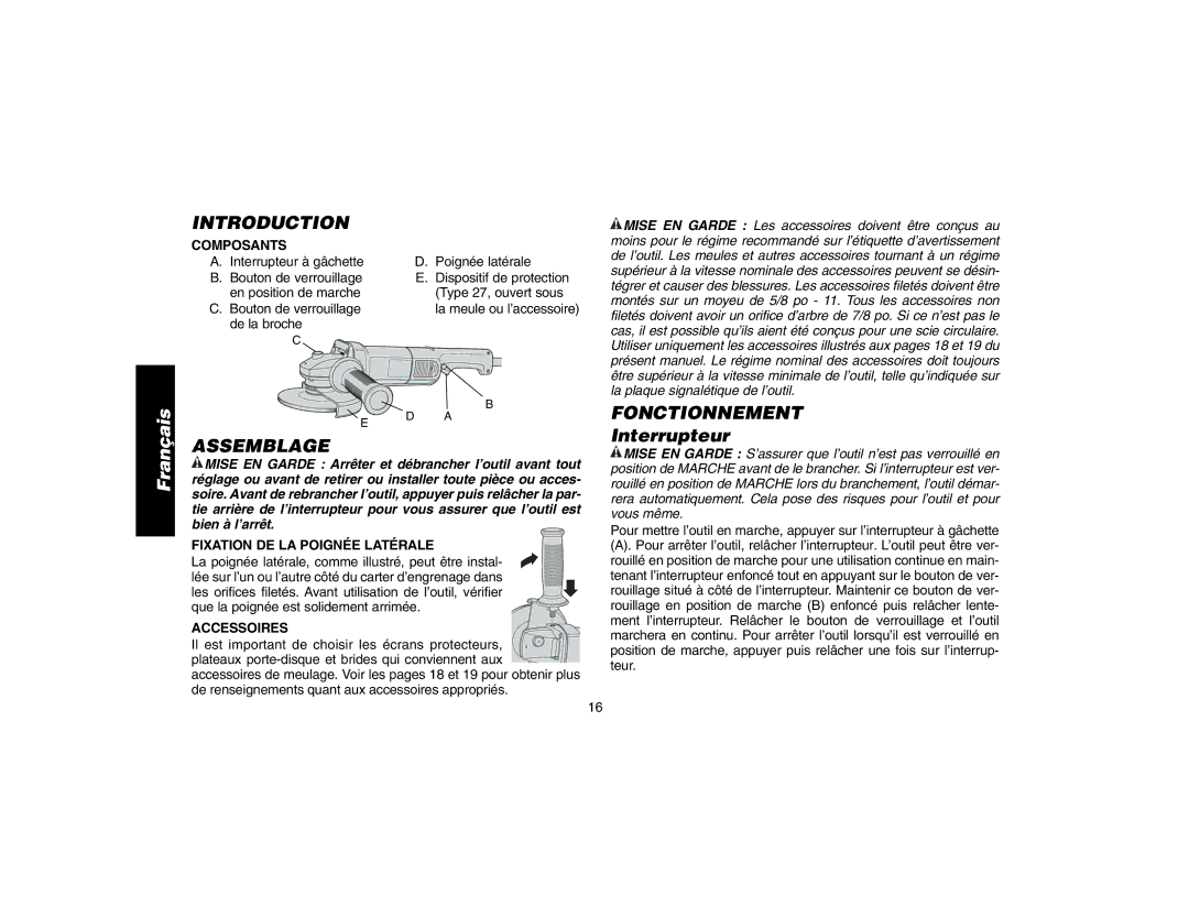 DeWalt DW840K instruction manual Introduction, Assemblage, Fonctionnement, Interrupteur 