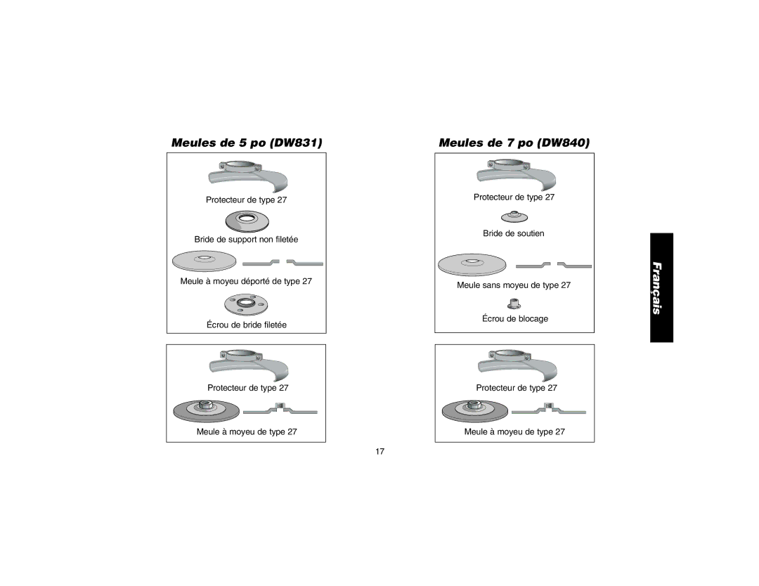 DeWalt DW840K instruction manual Meules de 5 po DW831, Meules de 7 po DW840 