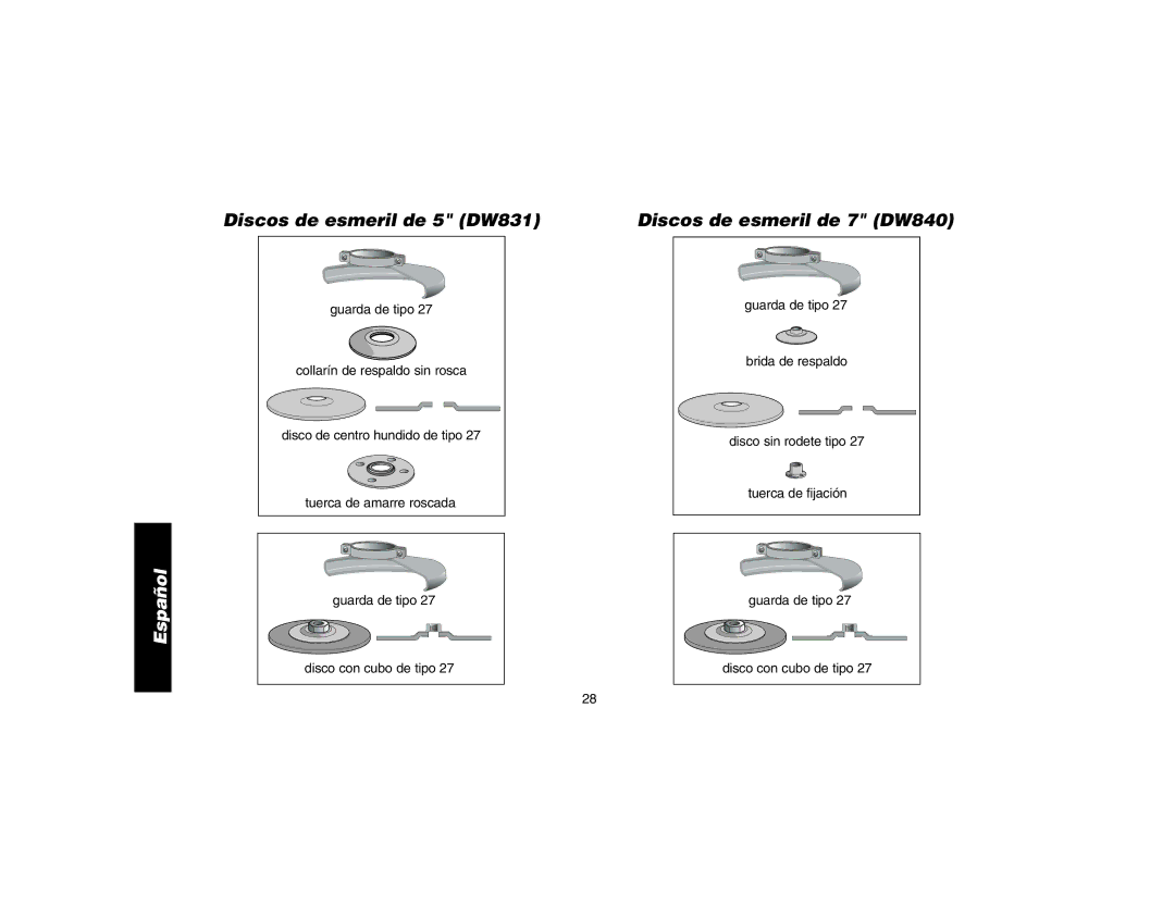 DeWalt DW840K instruction manual Discos de esmeril de 5 DW831 Discos de esmeril de 7 DW840 