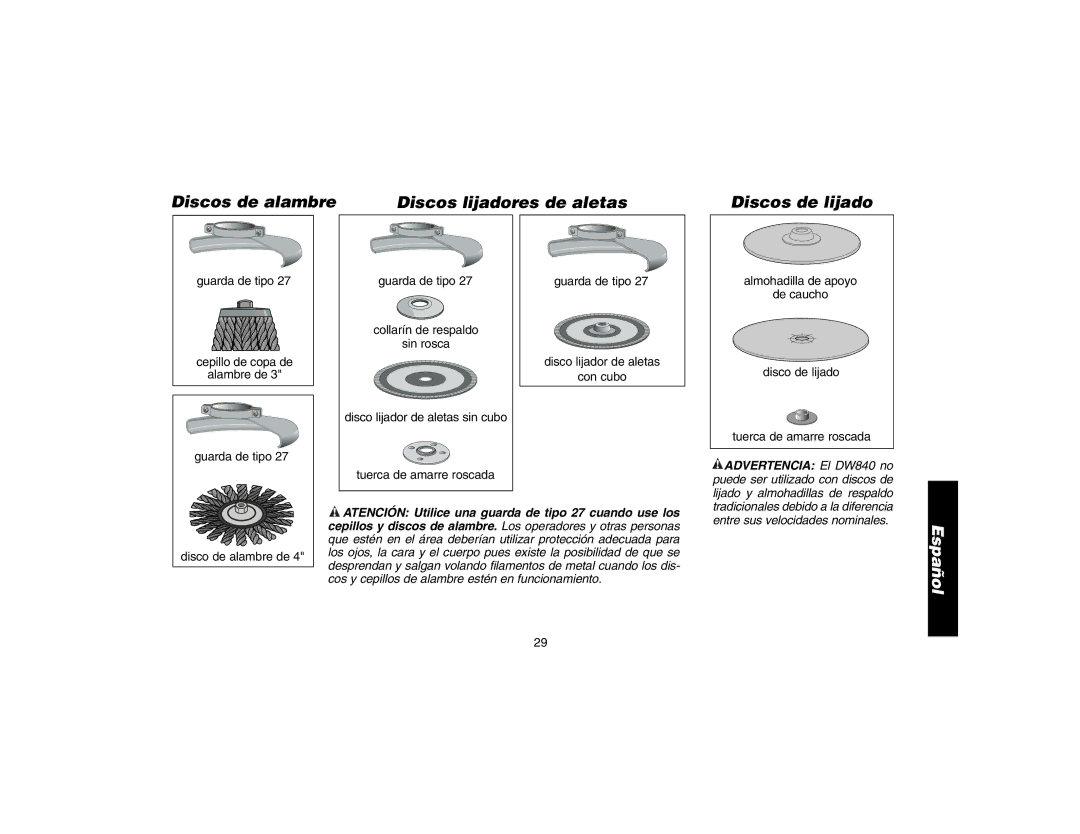 DeWalt DW840K instruction manual Disco de alambre de 