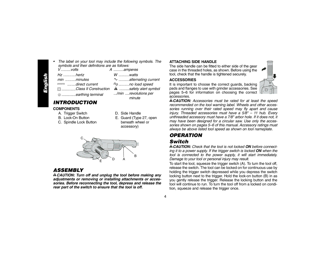 DeWalt DW840K instruction manual Assembly Operation, Switch, Attaching Side Handle, Accessories 