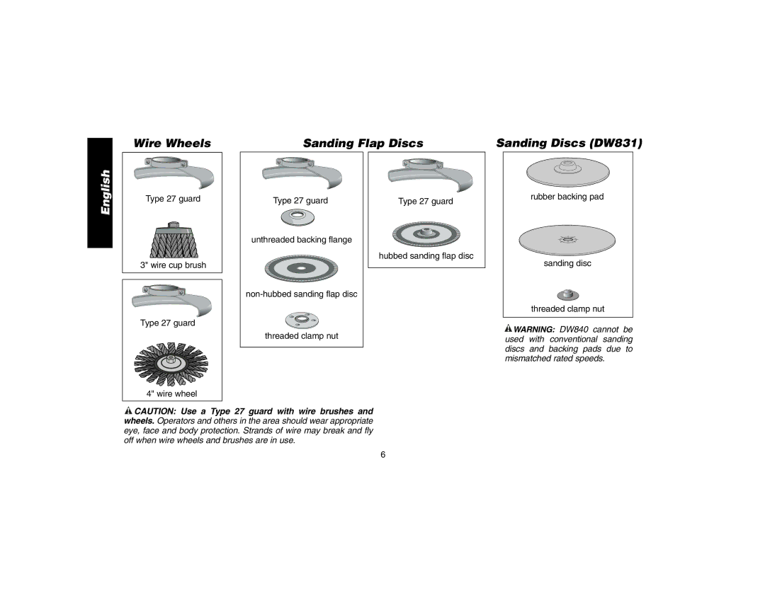 DeWalt DW840K instruction manual Wire Wheels Sanding Flap Discs Sanding Discs DW831 