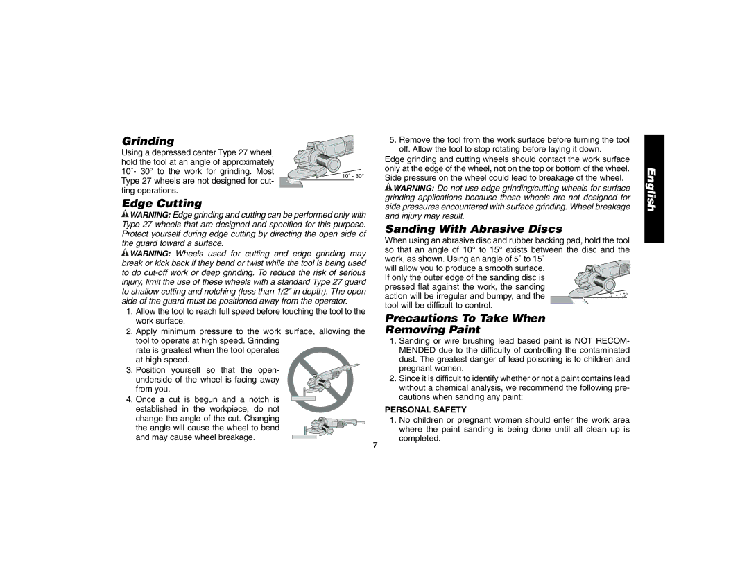 DeWalt DW840K Grinding, Edge Cutting, Sanding With Abrasive Discs, Precautions To Take When Removing Paint 