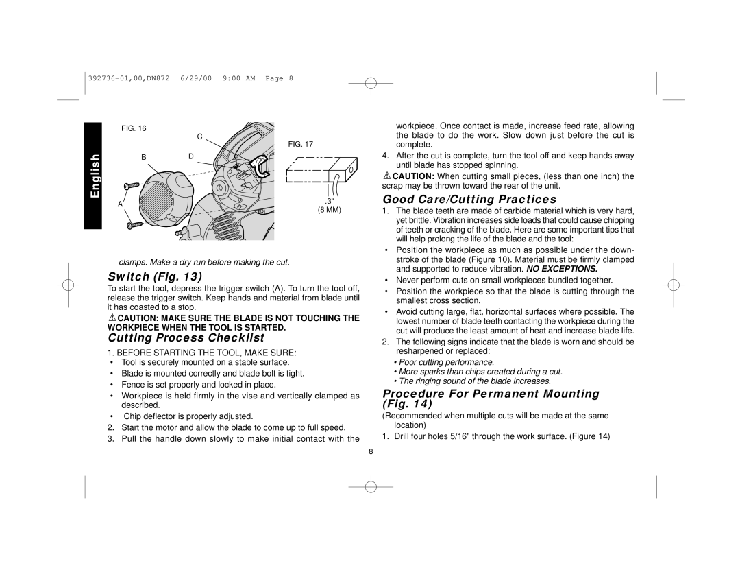 DeWalt DW872 Switch Fig, Cutting Process Checklist, Good Care/Cutting Practices, Procedure For Permanent Mounting Fig 