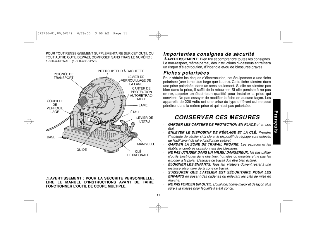 DeWalt DW872 manual Importantes consignes de sécurité, Fiches polarisées 