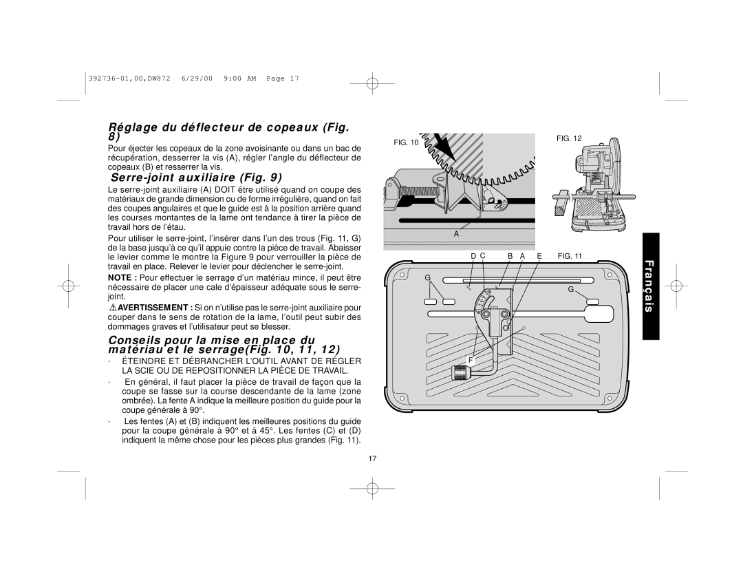 DeWalt DW872 manual Réglage du déflecteur de copeaux Fig, Serre-joint auxiliaire Fig 