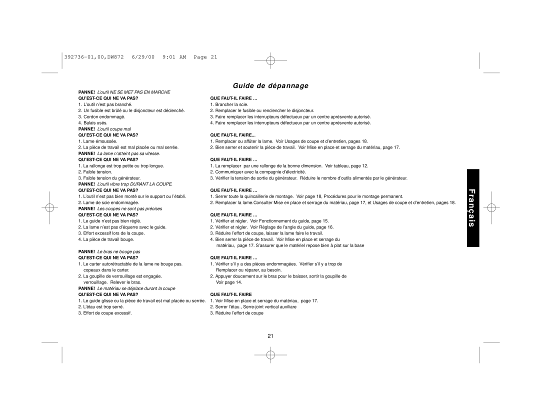 DeWalt DW872 manual Guide de dépannage 