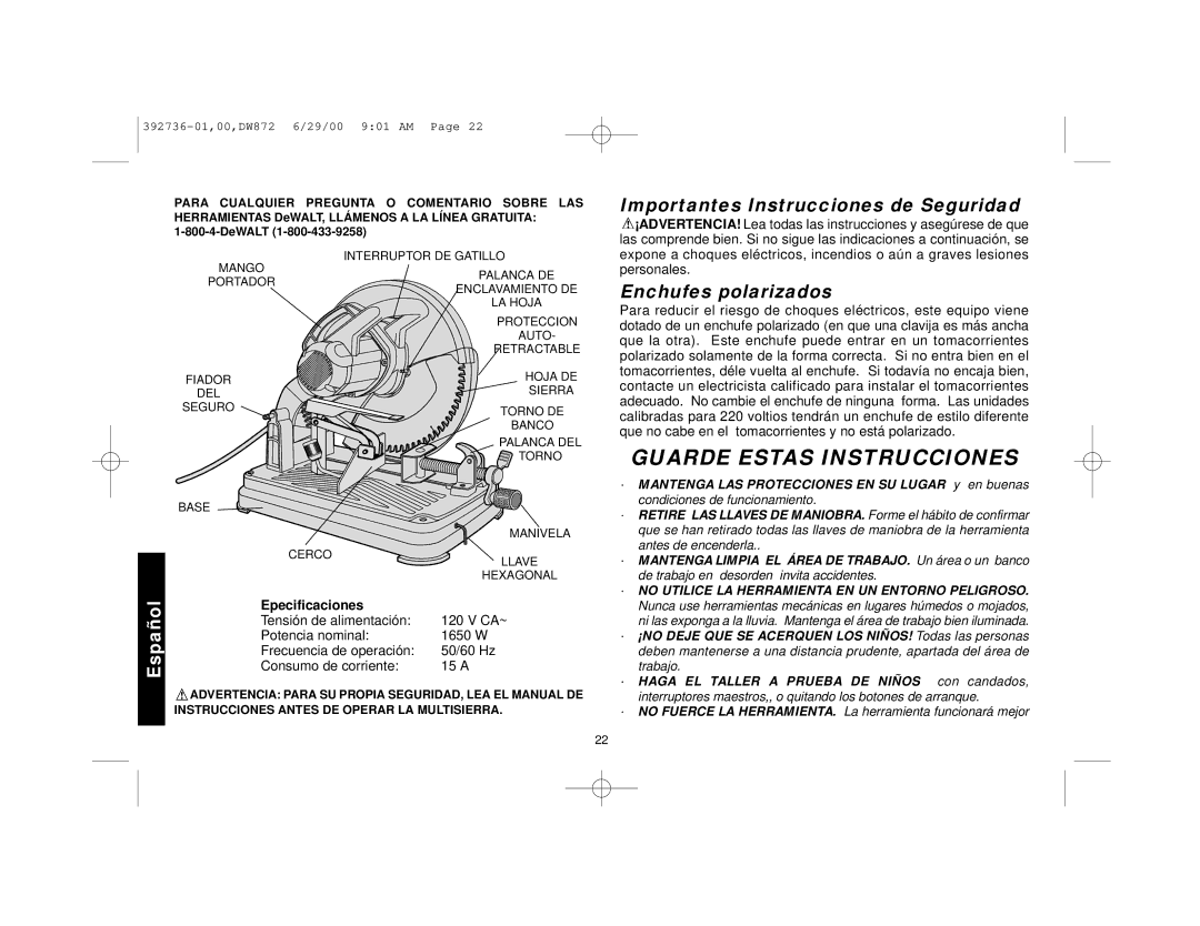 DeWalt DW872 manual Importantes Instrucciones de Seguridad, Enchufes polarizados 