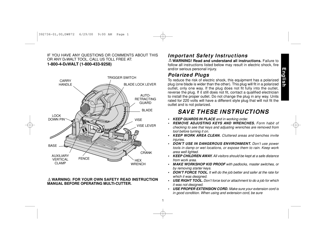 DeWalt DW872 manual Important Safety Instructions Polarized Plugs, Dewalt 