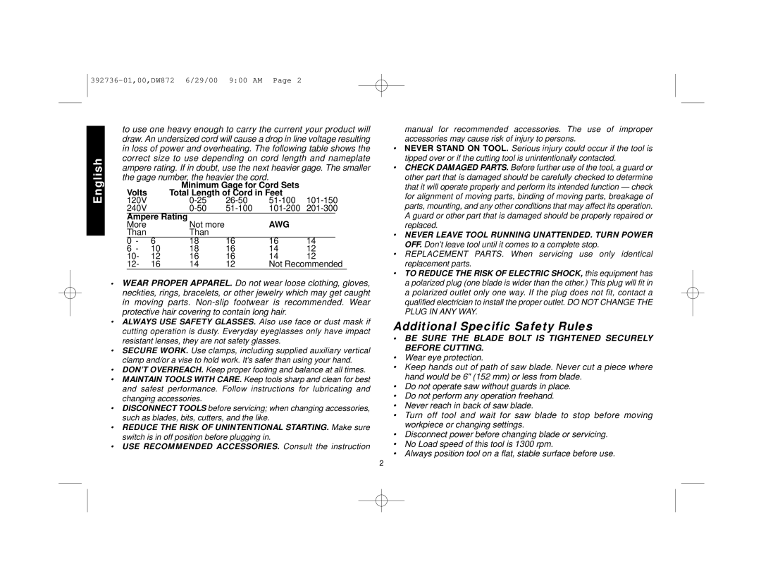 DeWalt DW872 manual Additional Specific Safety Rules, Awg 