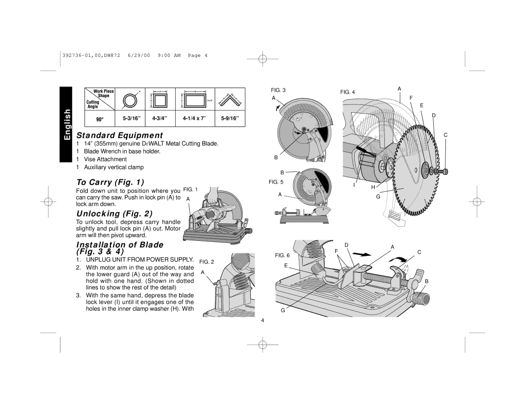 DeWalt DW872 Standard Equipment, To Carry Fig, Unlocking Fig, Installation of Blade, Unplug Unit from Power SUPPLY. FIG 