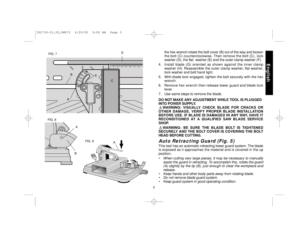 DeWalt DW872 manual Auto Retracting Guard Fig 