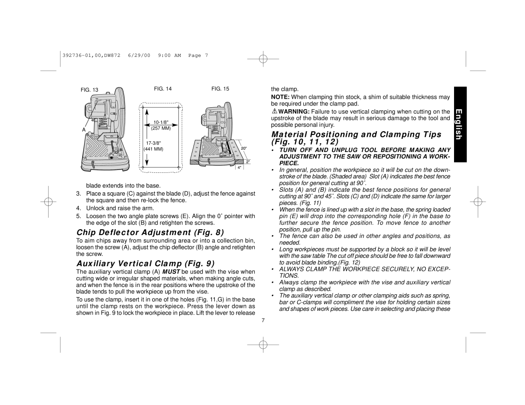 DeWalt DW872 Chip Deflector Adjustment Fig, Auxiliary Vertical Clamp Fig, Material Positioning and Clamping Tips , 11 