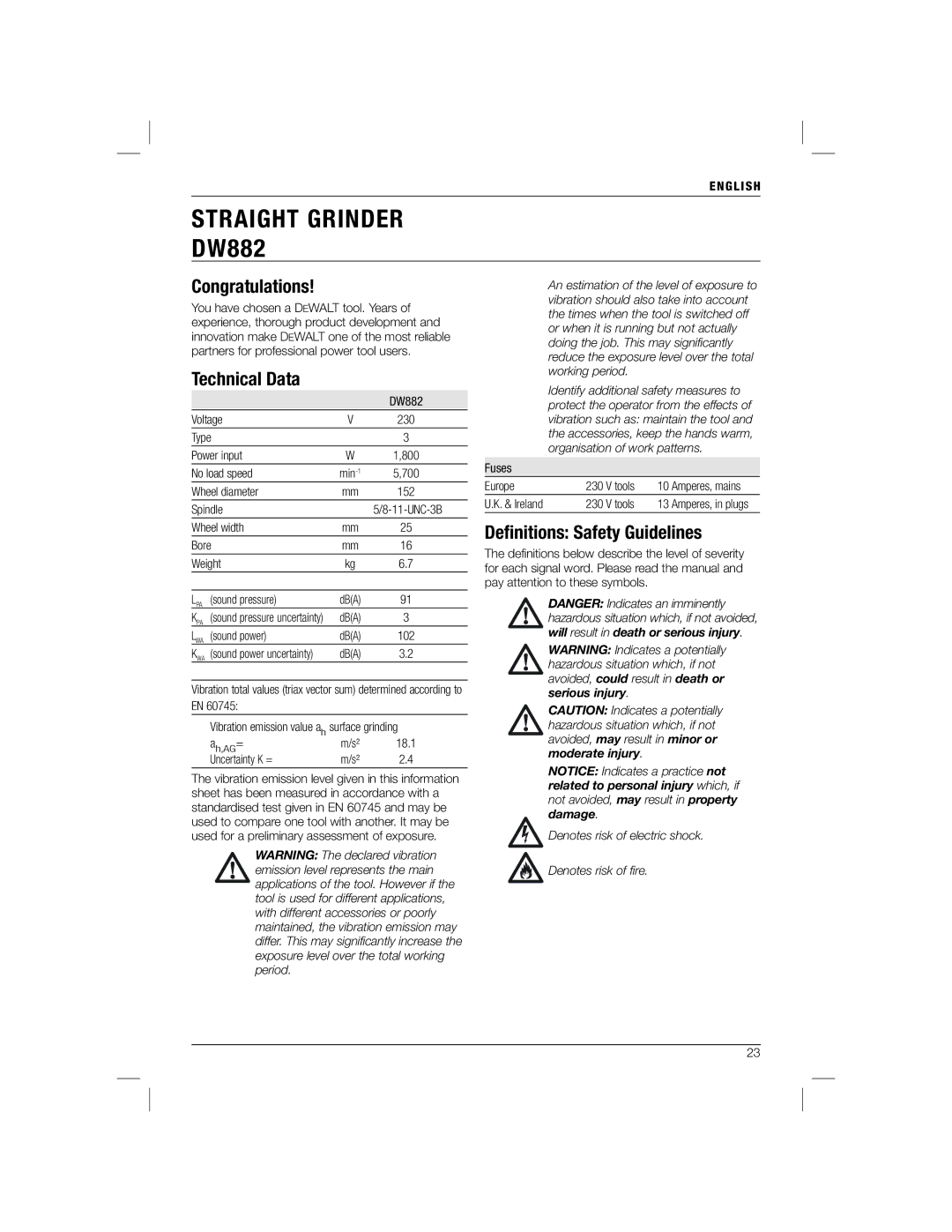 DeWalt DW882 manual Congratulations, Technical Data, Deﬁnitions Safety Guidelines 